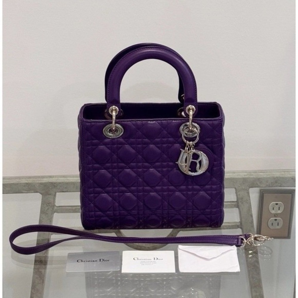 CHRISTIAN DIOR Purple Cannage QuiltedLambskin Leather Medium LadyDior Bag